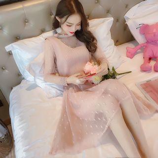 Set: Knit Vest + Long-sleeve A-line Lace Dress