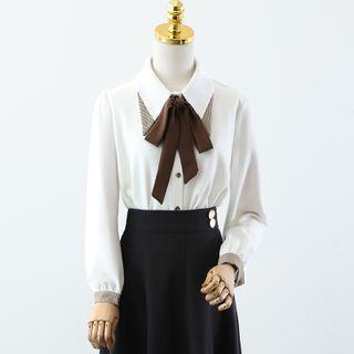 Two Tone Bow Button-up Chiffon Shirt / High-waist Plain Straight-cut Pants