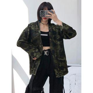 Loose-fit Open-front Camouflage Denim Jacket