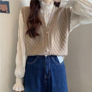 Mock-neck Blouse / Button-up Cable-knit Sweater Vest