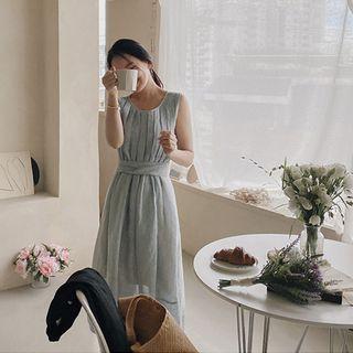 Sleeveless Pleated Striped Linen Dress With Sash