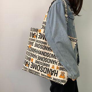Bear Print Tote Bag Orange Bear - Beige - One Size