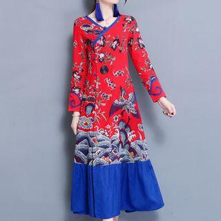 Printed Long Sleeve Linen Midi Dress