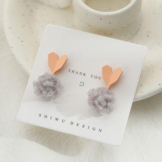 925 Sterling Silver Heart Pom Pom Dangle Earring 1 Pair - Pink Heart & Pom Pom - Gray - One Size
