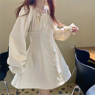 Balloon-sleeve Shirred Ruffled A-line Dress Dress - Almond - One Size