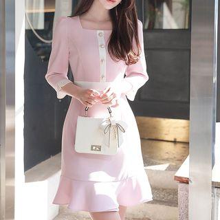 Square-neck Pleated-cuff Ruffled Dress