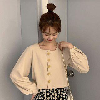 Long-sleeve Square Neck Drawstring Blouse