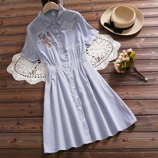 Short-sleeve Embroidered Striped Midi Shirtdress