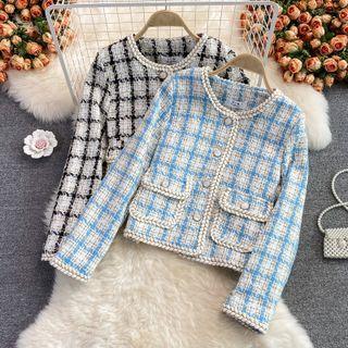 Braided Trim Plaid Tweed Blazer