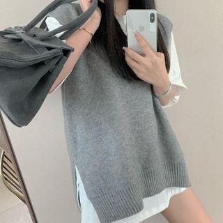 Plain Elbow-sleeve T-shirt / Knit Vest