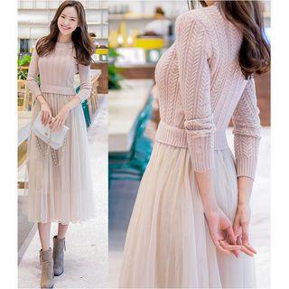 Mock Two-piece Mesh Panel Long-sleeve Knit Dress