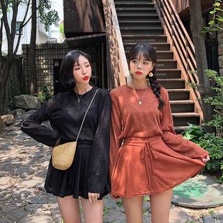 Set: Long-sleeve Sheer T-shirt + Flared Shorts