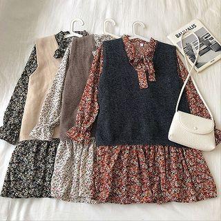 Set: Knit Vest + Tie-neck Floral Print Long-sleeve A-line Mini Dress