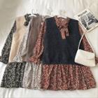 Set: Knit Vest + Tie-neck Floral Print Long-sleeve A-line Mini Dress