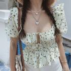 Balloon-sleeve Floral Print Lace-up Blouse