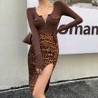 Long-sleeve Half-zip T-shirt / Leopard Print Asymmetrical Pencil Skirt