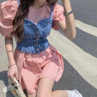 Puff-sleeve Mini A-line Dress / Belted Denim Camisole Top