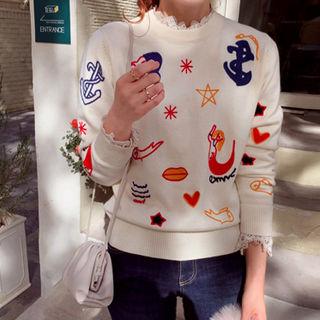 Embroidered Relaxed-fit Knit Top Cream - One Size