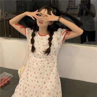 Puff-sleeve Bear Print A-line Dress Bear - White - One Size