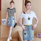 Set: Star Applique Cold Shoulder Short-sleeve T-shirt + Denim Skirt