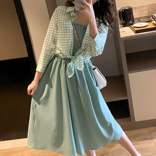 Set: Plaid Shirt + Shirred Spaghetti Strap Dress