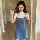 Plain Short-sleeve T-shirt / Spaghetti Strap Mini Sheath Dress