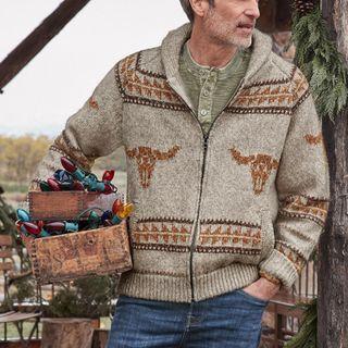 Long Sleeve Printed Collar Zip-up Cardigan