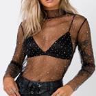 Mock Turtleneck Sequined Mesh Long-sleeve Top