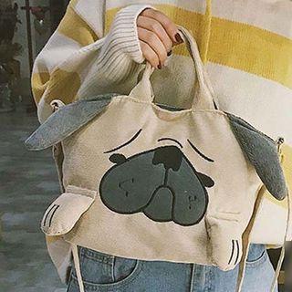Dog Embroidered Tote Bag With Shoulder Strap Khaki - One Size