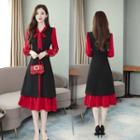 Long-sleeve Tie-neck Embroidered Midi A-line Dress