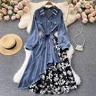 Plain Asymmetrical Shirt Panel Floral Long-sleeve Dress