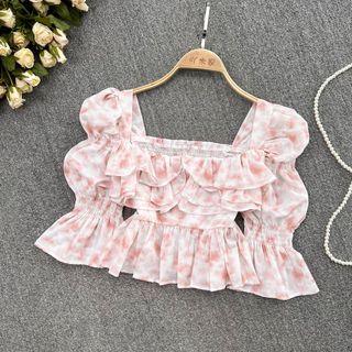 Puff Sleeve Floral Ruffle Crop Blouse