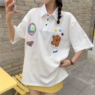 Short-sleeve Cartoon Bear Embroidered Polo Shirt