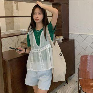 Short-sleeve Plain T-shirt / Sleeveless Lace Top