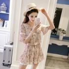 Set: Short-sleeve Lace-trim Floral Top + Skort