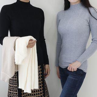 Set Of 2: Mock-neck Slim-fit Ribbed Knit Top