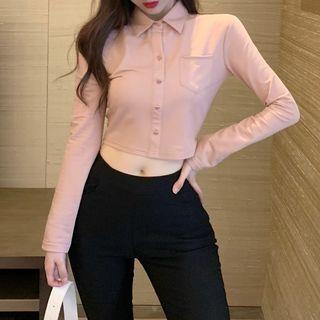 Long-sleeve Plain Cropped Shirt Pink - One Size