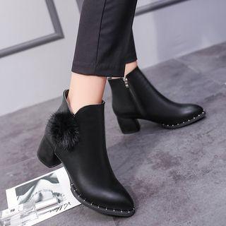 Pompom-accent Faux-leather Ankle Boots