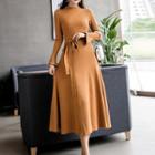 Knitted Long-sleeve A-line Midi Dress
