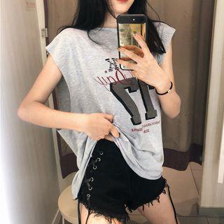 Print Sleeveless Lace-up Back T-shirt