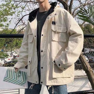 Two Tone Cargo Pocket Zip Hooded Oversize Jacket