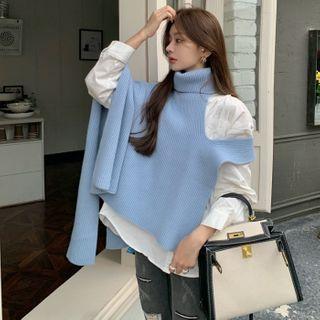 Cutout Irregular Turtleneck Sweater Blue - One Size