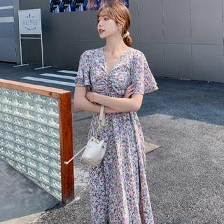 Short-sleeve Floral Print Drawcord A-line Midi Dress