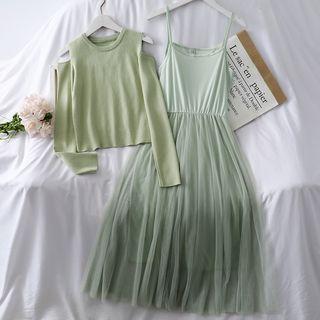Set: Off-shoulder Crop Knit Top + Mesh Slipdress