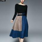 Set: Off-shoulder Top + Color-block Skirt