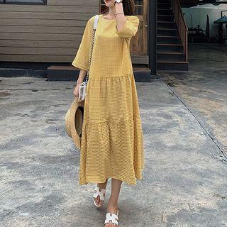 3/4-sleeve Midi Plaid A-line Dress