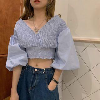 V-neck Plain Cropped Blouse Blue - One Size