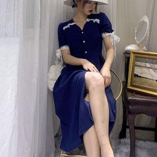 Lace Panel V-neck Short Sleeve A-line Dress