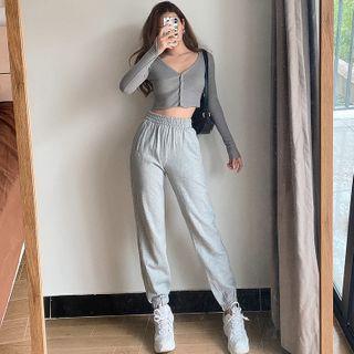 Elastic High-waist Plain Harem Pants In 7 Colors