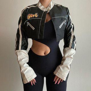 Two Tone Lettering Crop Faux Leather Biker Jacket